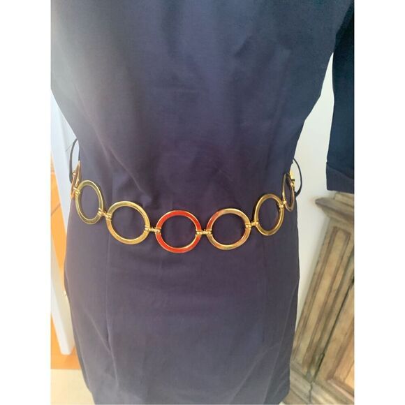 Original MILLY NY Navy Blue Retro Shirt Dress w/ Gold Chain & Leather Belt~ - Picture 8 of 12